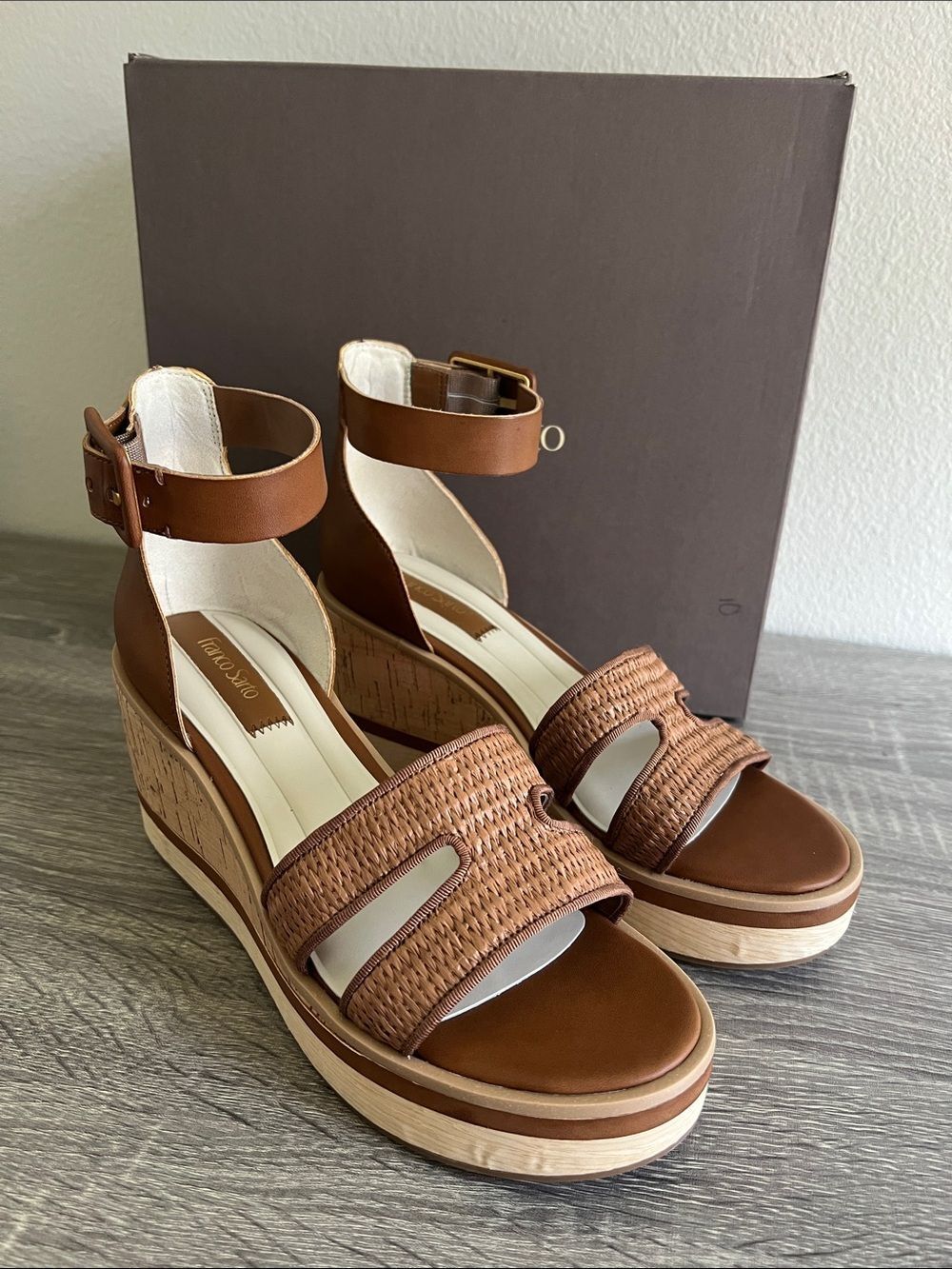 Franco Sarto Madaya Wedge Sandals Women’s Cognac Raffia Platform Ankle Strap 8.5
